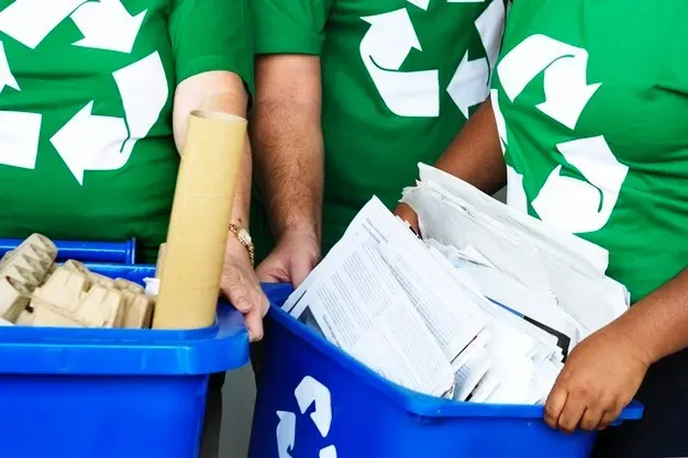 A imagem contém o símbolo mundial da reciclagem na camiseta de três pessoas- 3 setas em um círculo -, o fundo é verde e faz alusão à natureza e sua vegetação. As pessoas seguram caixas com lixos recicláveis.