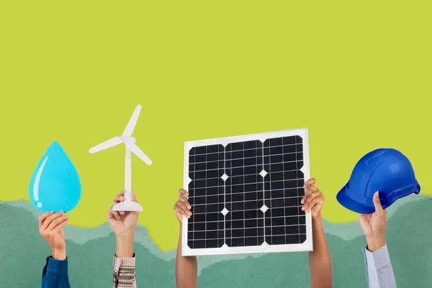 Representando energias verdes, a imagem de quatro mãos segurando imagens de objetos diferentes, sendo eles, respectivamente, uma gota, uma turbina eólica, um painel solar e um capacete de construção.